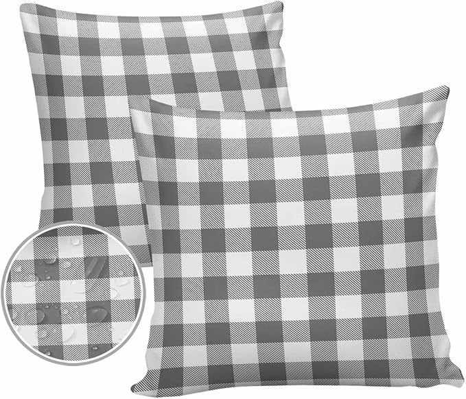 Outdoor Waterproof Throw Pillow Covers Set of 2 Gray Buffalo Check Plaid Pillowcases 24x24 Inches Farmhouse Style Patio Decorative Pillows Cushion Case Patio Pillows for Couch Bed Chair Garden