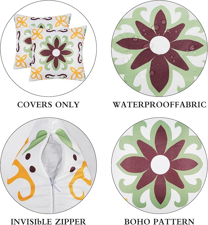Pyonic Sage Green Outdoor Pillows Waterproof Throw Pillow Covers Set of 4 | Floral Printed and Boho Farmhouse Outdoor Pillow Covers for Patio Funiture Garden 18x18 Inch
