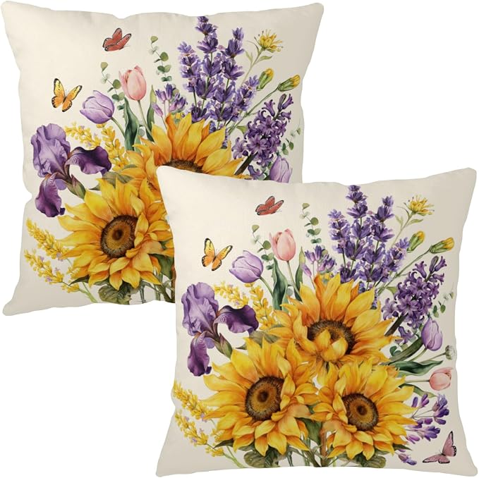 Sunflower Pillow Covers Floral Purple Lavender Butterfly Throw Pillow Covers Spring Summer Tulip Iris Flower Pillow Cases 22x22 for Home Farmhouse Couch Sofa Bed Decor 2 Pack
