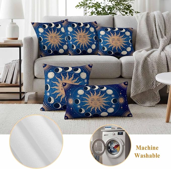 Celestial Sun and Moon Waterproof Outdoor Pillow Covers Set of 2 Home Decor, Blue Starry Galaxy Boho Lumbar Pillowcase Patio Pillow Covers for Couch Bench Patio Furniture Garden 20x12in