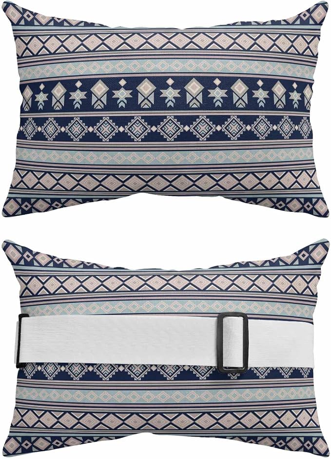 Outdoor Lumbar Pillow Set of 1, Navy Blue Boho Striped Waterproof Beach Headrest Pillow with Inserts, Southwestern Ethnic Tribe Vintage Recliner Throw Pillows for Patio Furniture, 11 x 16