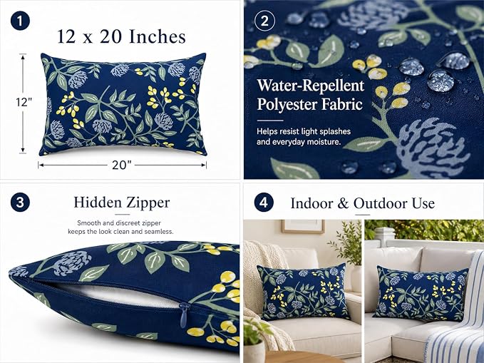Outdoor Lumbar Pillows 12"x20" Waterproof Patio Pillows with Inserts | Set of 2 Fade Resistant Outdoor Waterproof Lumbar Pillow Decorative Garden Lumbar Cushions for Home Patio Terrace Sofa