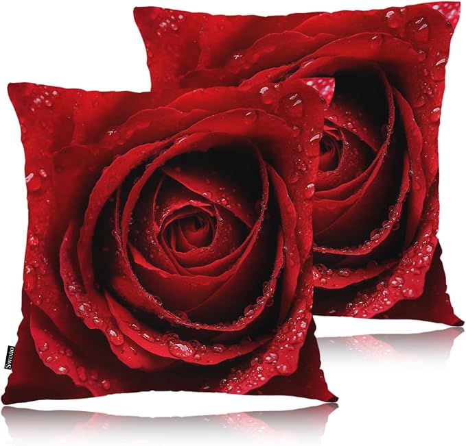 Swono Rose Pack of 2 Decorative Throw Pillow Covers Cushion Covers, Blossom Rose Water Drops Couch Pillow Case Boho Cushion Pillowcase for Bedroom Sofa Living Room 18X18 Inches, Red Rose Petals