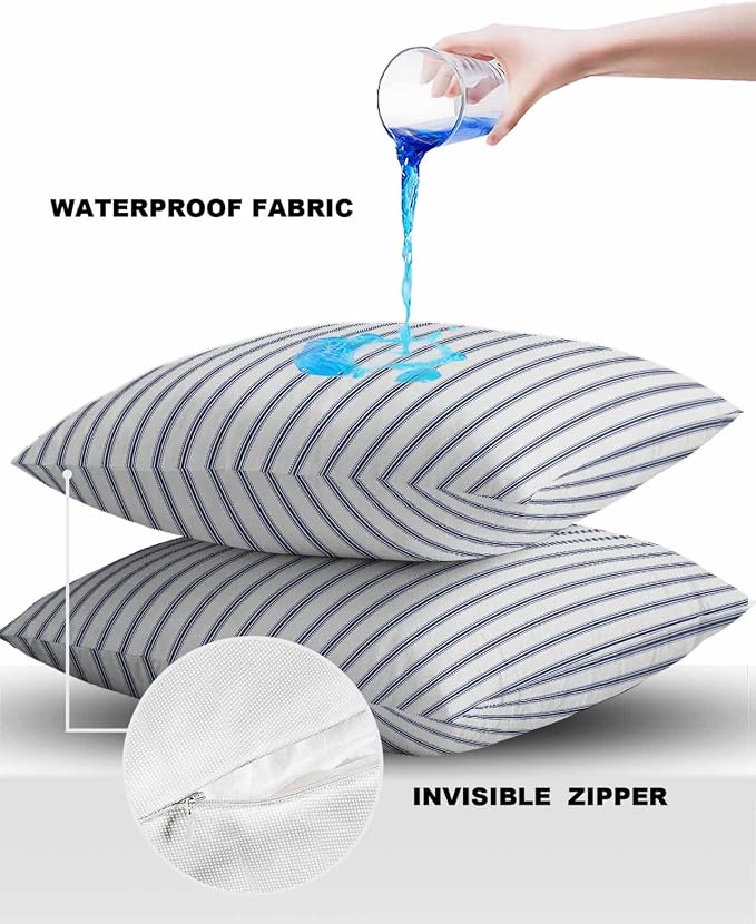 Outdoor Waterproof Throw Pillow Covers Set of 2 Blue Stripe Pillowcases 20x20 Inches Vertical Striped Patio Decorative Pillows Cushion Case Patio Pillows for Couch Bed Chair Garden