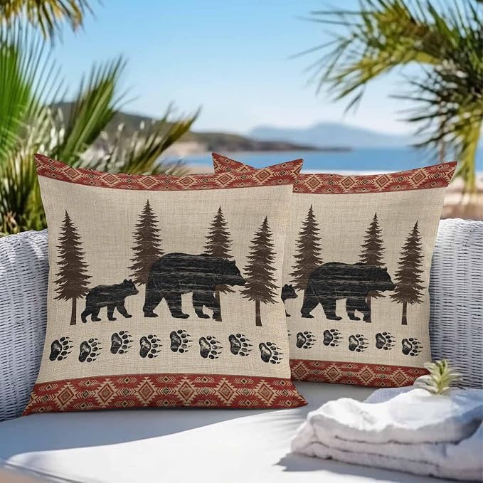 Bear Outdoor Waterproof Throw Pillow Covers 18 x 18 Inches Set of 2 Pine Forest Nature Bear Nature Vintage Boho Decorative Cushion Cover Pillowcase for Garden Patio Tent Beach Livingroom Sofa Couch