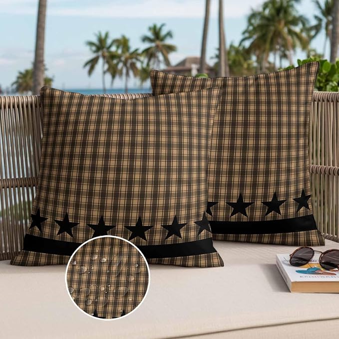 Brown Black Plaid Waterproof Outdoor Pillow Covers Set of 2 Home Decor Vintage Rustic Star Buffalo Check Pillowcase Patio Pillow Covers for Couch Bench Furniture Garden 24x24in