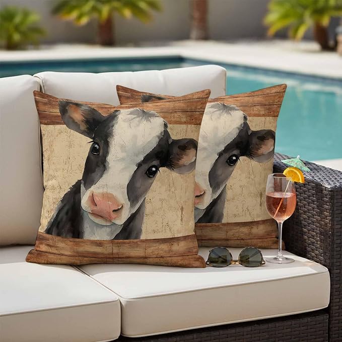 Farmhouse Cow Outdoor Pillow Covers 18x18 Inch Throw Pillow Covers Set of 2 Waterproof Decorative Pillow Cases Country Vintage Animals Wooden Grain Cushion Covers for Patio Furniture Garden Couch Sofa