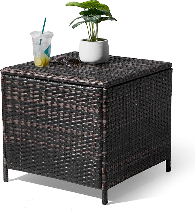 VINGLI Outdoor Side Table with Storage, 27-Gallon Patio Deck Box Outdoor Wicker Side Table for Poolside Balcony Storage Table (Brown, Square)