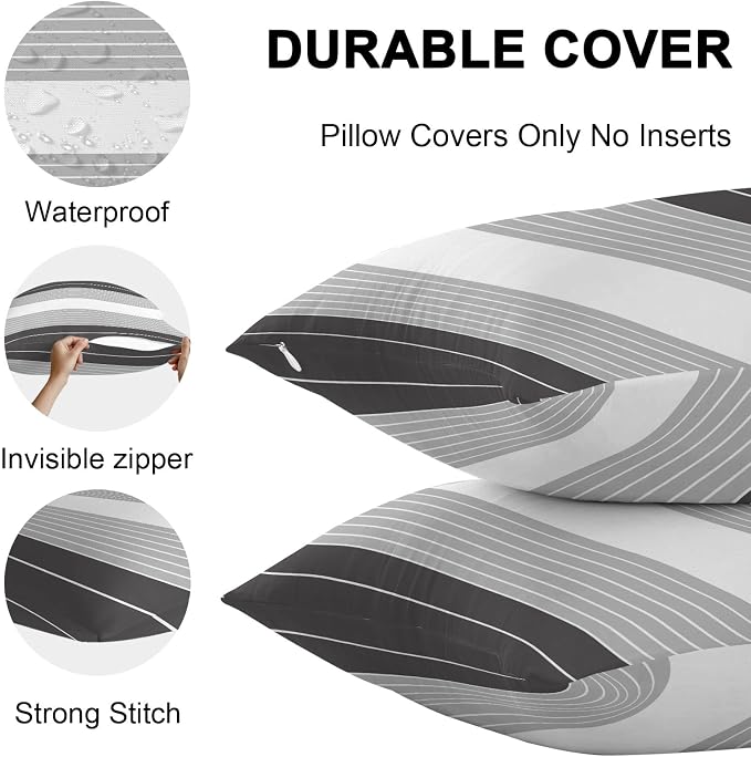 Black Grey Stripe Outdoor Pillow Covers Waterproof, All Weather Cushion Case Set of 2, Modern Art Horizontal Striped Decorative Pillowcases for Sofa Couch Bed Decor Patio Furniture 16"x16"