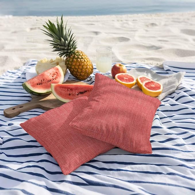Outdoor Waterproof Throw Pillow Covers Set of 2 Coral Red Linen Pillowcases 20x20 Inches Farmhouse Pure Color Decorative Pillows Cushion Case Patio Pillows for Couch Bed Chair Garden