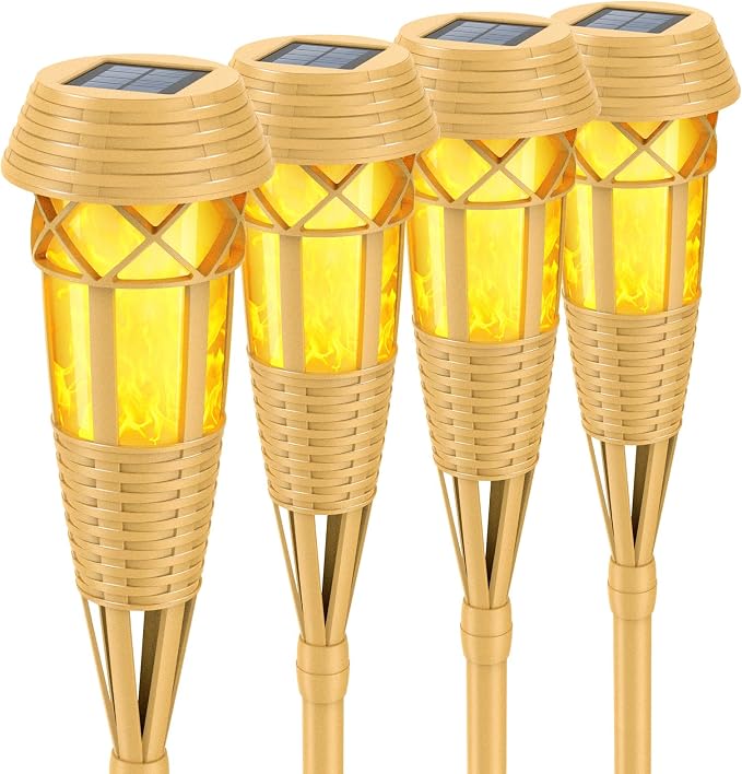 Solar Outdoor Lights – Torches with Flickering Flame for Garden Decor, Waterproof Garden, Outdoor Patio & Pathway Yard Decorations with Flame Torches - 4 Pack