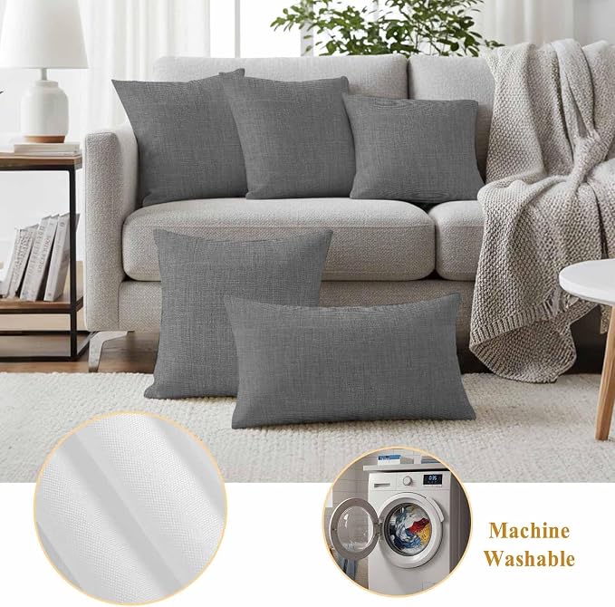 Outdoor Waterproof Throw Pillow Covers Set of 2 Grey Linen Pillowcases 18x18 Inches Farmhouse Pure Color Decorative Pillows Cushion Case Patio Pillows for Couch Bed Chair Garden
