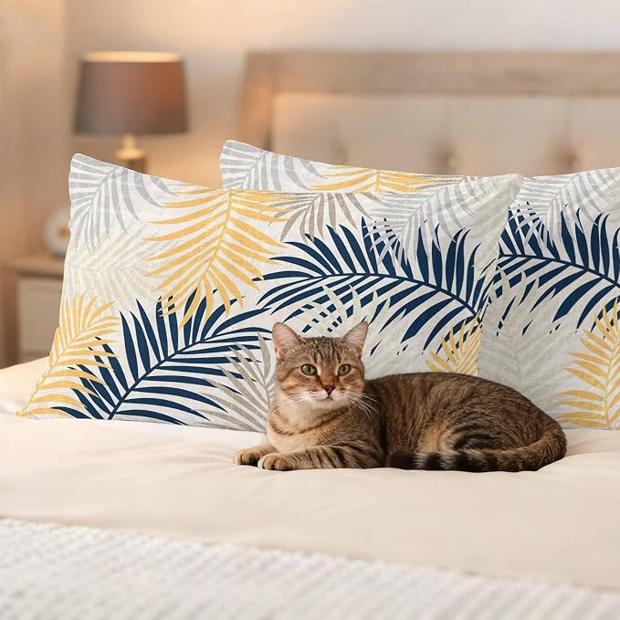Outdoor Waterproof Throw Pillow Covers, Blue Yellow Palm Leaves Decorative Pillow Cases, Summer Botanical Tropical Leaf Couch Pillow Protector Patio Sofa Cushion Covers Replacement 20"x12" 2 Pack