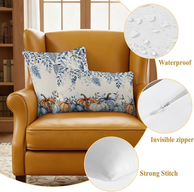 Orange Blue Fall Waterproof Outdoor Pillow Covers 26''x26'' Set of 2, Thanksgiving Eucalyptus Berry Leaves Patio Cushion Covers for Chairs, Decorative Pumpkin Beige Pillow Cases for Garden/Pool/Beach