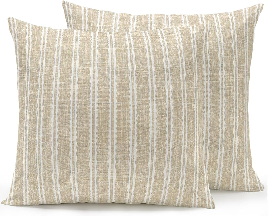 Waterproof Outdoor Pillow Set of 2 Beige Linen Striped Decorative Throw Pillows Cover & Insert 16x16 Inch Pillowcase Vertical Stripes Lines Pillows for Couch Sofa Bed Patio Furniture Indoor Outdoor