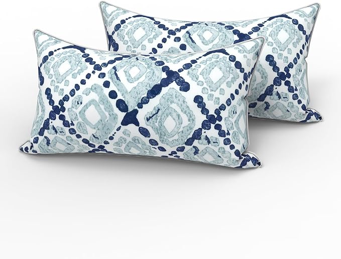 LVTXIII 2 Pack Outdoor Lumbar Pillows 12x20 Inch with White Piping, Fade Resistant Support Throw Pillows with Inserts for Patio Furniture, Sofa, Chair, Boho Geometry Blue