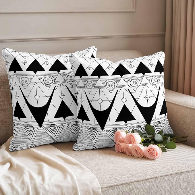Throw Pillow Covers 26x26 Inch Set of 2, Black White Geometric Waterproof Outdoor Pillow Covers, Vintage Art Striped Decorative Cushion Pillowcases for Couch, Sofa, Bed, Garden, Patio