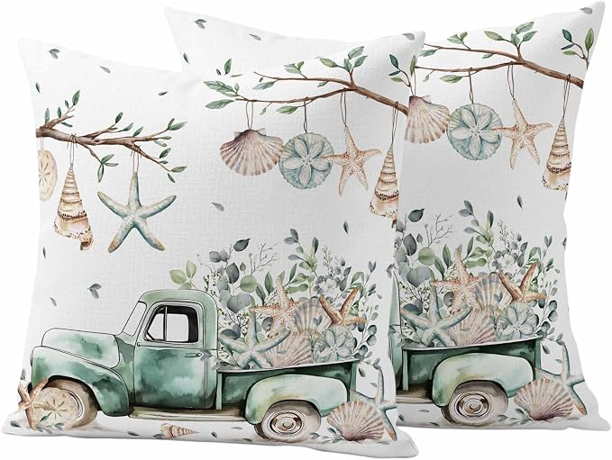 Sage Green Truck Outdoor Waterproof Throw Pillow Covers Set of 2, 20"x20", Ocean Starfish Shell Summer Leaf Decorative Pillow Covers Outside Cushion Case for Patio Porch Garden