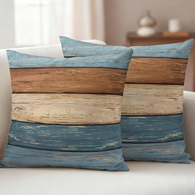 Farmhouse Blue Brown Outdoor Waterproof Pillow Covers, Vintage Wooden Striped Decorative Square Throw Pillowcase Sofa Cushion Sham for Patio/Couch/Chair, 20"x20" 2 Pack