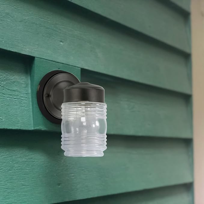 Design House Jelly Jar Wall Light, Indoor/Outdoor, Clear Ribbed Glass, Dimmable, Matte Black, Wall Mount Sconce Fixture, 4.5 in W x 7.5in H x 5.25 in D, 502195 (Pack of 2)