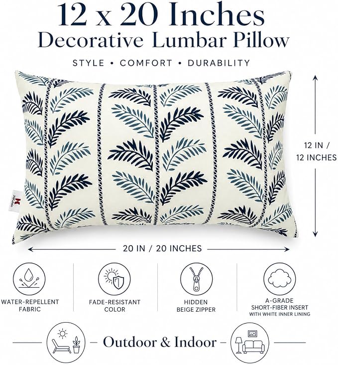 Outdoor Patio Lumbar Pillows, Pack of 2, 12"x20" | Fade Resistant Outdoor Waterproof Lumbar Pillow with Inners Decorative Garden Lumbar Cushions for Home Patio Terrace Sofa