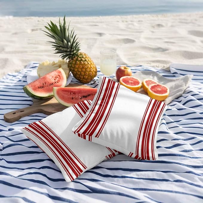 Outdoor Waterproof Throw Pillow Covers Set of 2 Red Stripes Pillowcases 20x20 Inches White Vertical Striped Decorative Pillows Cushion Case Patio Pillows for Couch Bed Chair Garden