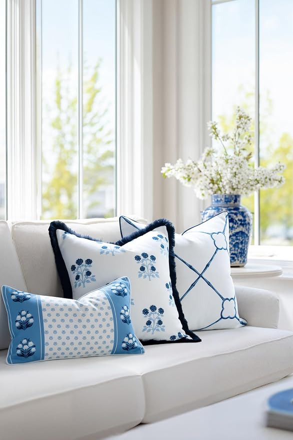 Hofdeco Premium Coastal Hampton Patio Indoor Outdoor Throw Pillow Cover Only, 20"x20" Water Repellent for Backyard, Couch, Poolside, Navy Blue Print Hydrangea Flowers
