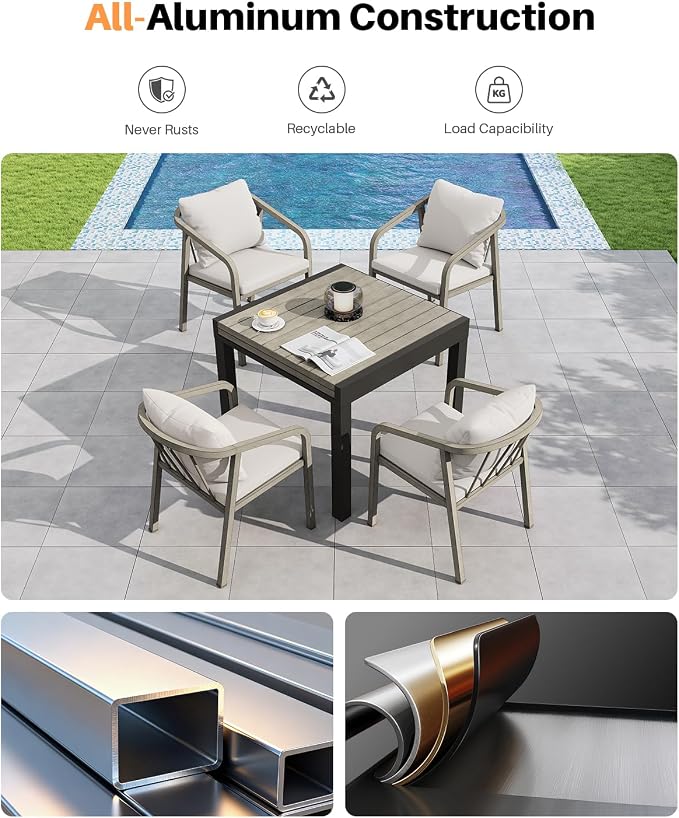Outdoor Dining Chairs Set of 4, Never-Rust Aluminum Patio Dining Chairs with Removable Cushion, Ergonomic Patio Chairs with Wraparound Seating Design for Deck, Poolside, Commercial, Gray Oak