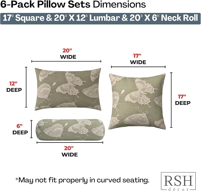 RSH DECOR: 6-Pack Pillow Set | Sunbrella Performance Fabric |Water & Fade-Resistant| 17" Square, 20"x12" Lumbar, 20"x6" Neck Roll | Outdoor Pillows for Patio Furniture | Made in USA (Farfalla Spring)