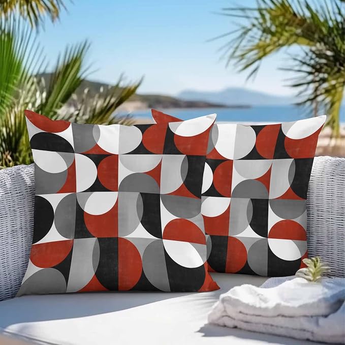 Vandarllin Outdoor Throw Pillows Covers 20x20 inch Set of 2 Waterproof Mid Century Geometric Decorative Zippered Cushion Covers for Patio Furniture, Abstract Modern Red Lumbar Pillowcases