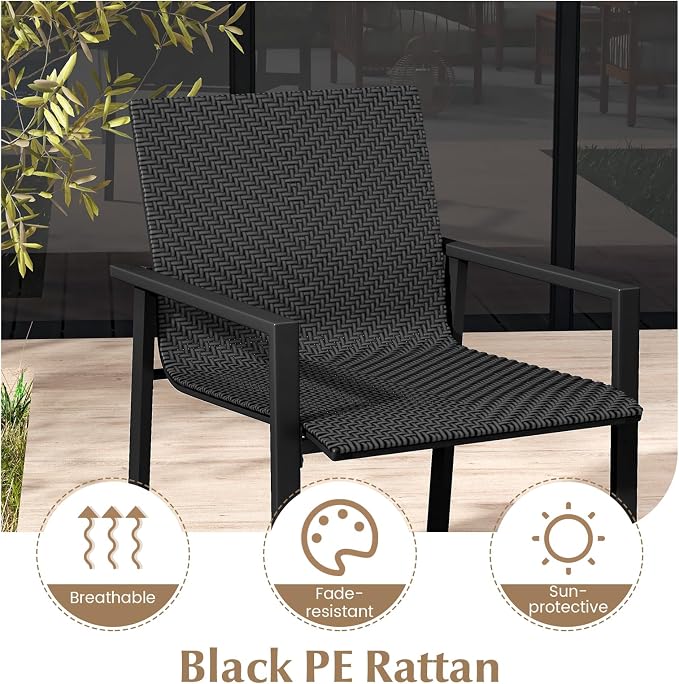 HAPPYGRILL 4 Pieces Wicker Patio Conversation Set with Coffee Table, PE Rattan Chairs with Galvanized Metal Frame, Outdoor Table and Chairs Set for Small Space, Balcony, Poolside, Backyard (Black)