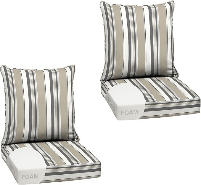 Arden Outdoor Deep Seat Cushion Set, Foam, 2-Pack, 24x24, Taupe Grey Stripe | earthFIBER, Sofa, Couch, Conversation Set, Premium High-Density Foam, Never Flattens, Mold and Mildew Resistant