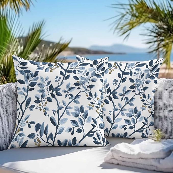 Throw Pillow Covers 18x18 Inch Set of 2, Navy Blue Botanical Waterproof Outdoor Pillow Covers, Summer Spring Leaves Decorative Cushion Pillowcases for Couch, Sofa, Bed, Garden, Patio