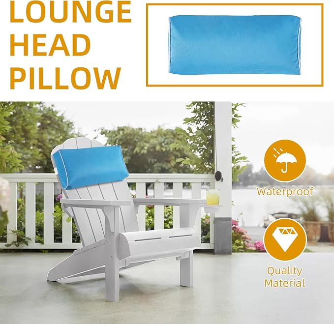 2 Pack Outdoor Chaise Lounge Head Pillow, Patio Pool Chair Pillows Water Resistant Headrest Pillow Lumbar Pillows with Insert and Adjustable Elastic Strap for Recliner Beach Chair, Blue