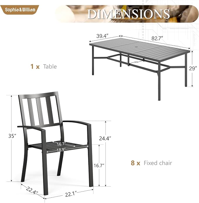 Sophia & William Patio Table and Chairs Set, Outdoor Dining Set for 8, 9 Piece Metal Patio Furniture, 82.7" Black Rectangular Table(Stripe)
