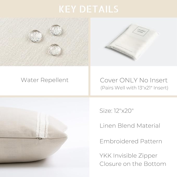Modern Farmhouse Fall Linen Indoor Outdoor Lumbar Pillow Cover Only, 12"x20" Water Repellent for Patio, Backyard, Couch, Neutral Beige Embroidered Stripes