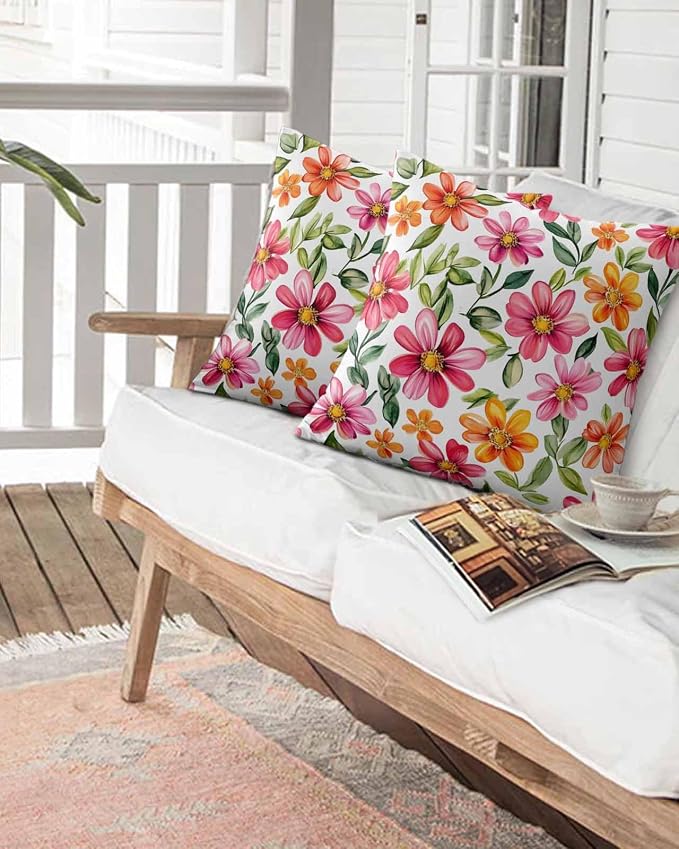 Outdoor Waterproof Throw Pillows Spring Watercolor Wild Flower Patio Pillows Pack of 2,Decorative Pillow Covers with Insert,Pillow Cushion Case for Garden Couch Sofa Country Small Pink Flower