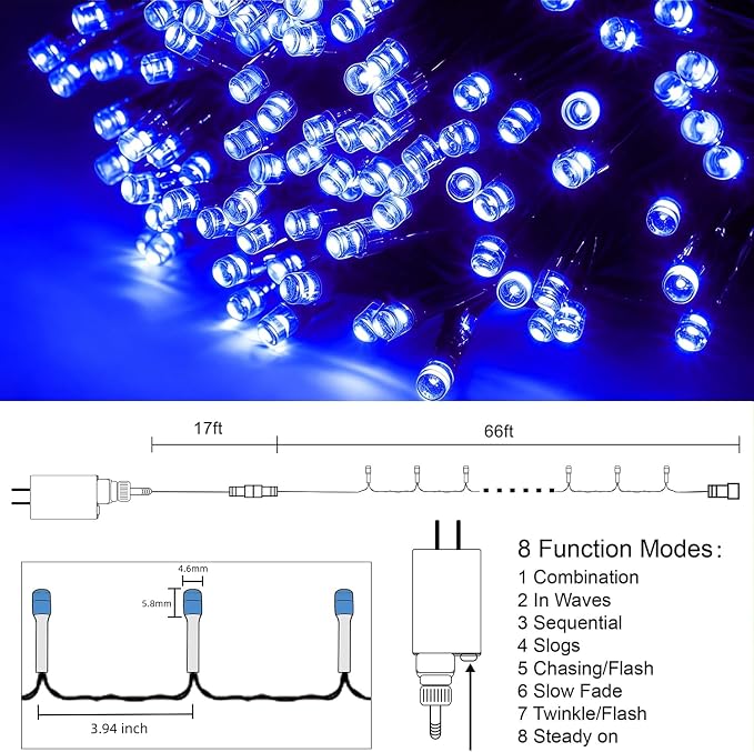 HOME LIGHTING 66ft Christmas Decorative Mini Lights, 200 LED Green Wire Fairy Starry String Lights Plug in, 8 Lighting Modes, for Indoor Outdoor Xmas Tree Wedding Party Decoration (Blue)