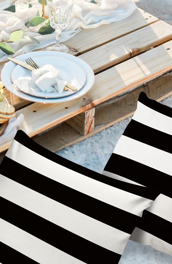 Outdoor Pillows 20x20 Waterproof Outdoor Pillow Covers, Black White Stripes Polyester Throw Pillow Covers Garden Cushion Decorative Case for Patio Couch Decoration Set of 2, Geometric