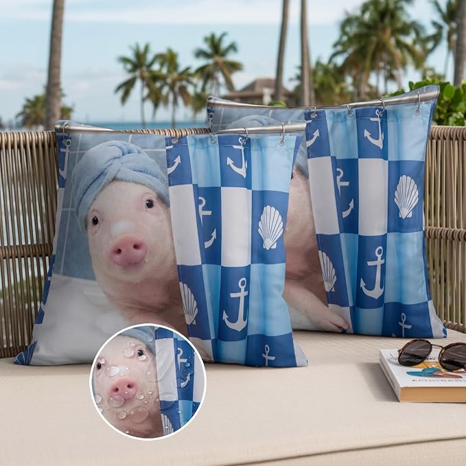 Bathing Pig Waterproof Outdoor Pillow Covers Set of 2 Home Decor, Funny Animal Showering Pillowcase Patio Pillow Covers for Couch Bench Patio Furniture Garden 18x18in