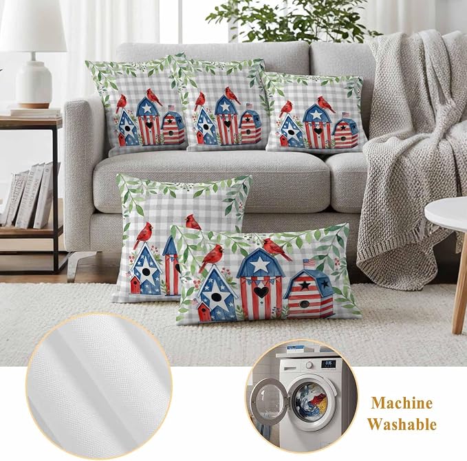 American Flag Bird House Outdoor Pillow Covers Waterproof, All Weather Cushion Case Set of 2, Green Eucalyptus Grey Plaid 250th Lumbar Pillowcase for Sofa Couch Bed Decor Patio Furniture 20"x12"