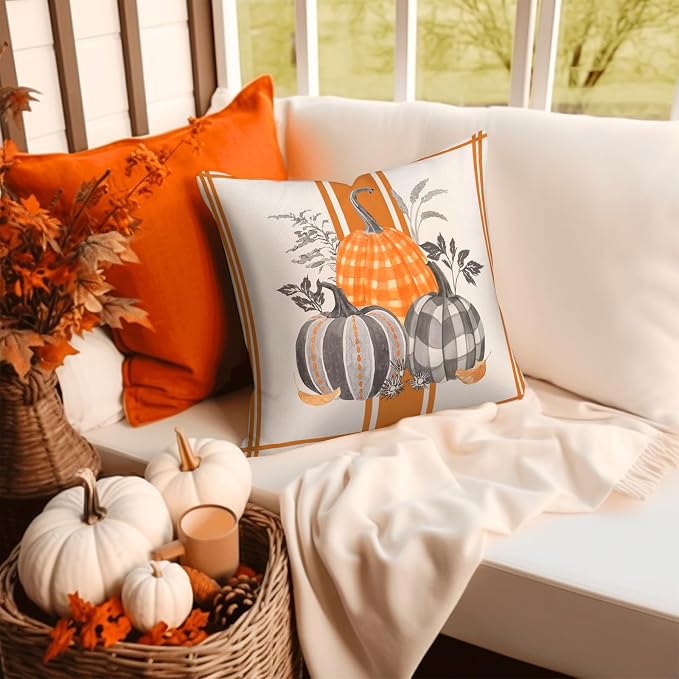 Orange Fall Outdoor Pillow Covers 18X18 Inch Set of 2 Waterproof Buffalo Plaid Pumpkins Truck Farmhouse Decorative Porch Cushion Cases Polyester Thanksgiving Decor for Patio Furniture