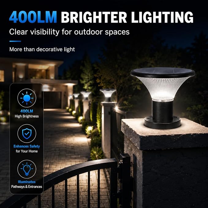 Solar Post Cap Lights, 4400mAh Solar Post Lights Outdoor with 5V 8W Round Mono Panel, 3 Color Modes, IP65 Waterproof Aluminum Fence Post Solar Lights for Garden Patio Deck Driveway, Fit Most Posts