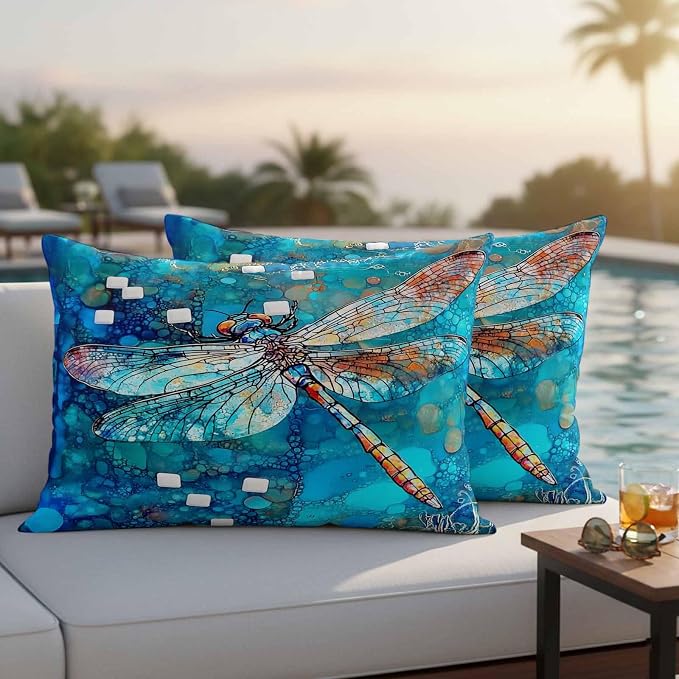Blue Dragonfly Outdoor Pillow Covers Set of 2 Country Vintage Watercolor Dragonfly Wings Waterproof Throw Pillow Cover Decorative Cushion Cases for Patio Porch Garden 20X12 Inch