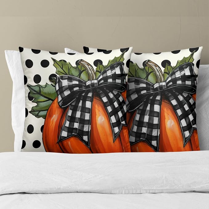 Rustic Fall Pillow Covers Set of 2, 18x18 Inch Vintage Plaid Pumpkin Polka Dots Design Farmhouse Square Throw Pillowcases Cotton Washable for Sofa Couch Porch Patio Bench Decor