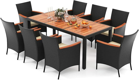 HAPPYGRILL 9 Pieces Outdoor Dining Set for 8, Patio Conversation Set with Acacia Wood Tabletop, Umbrella Hole, Washable Seat Cushions, Rattan Dining Table & Chair Set for Garden Yard Poolside