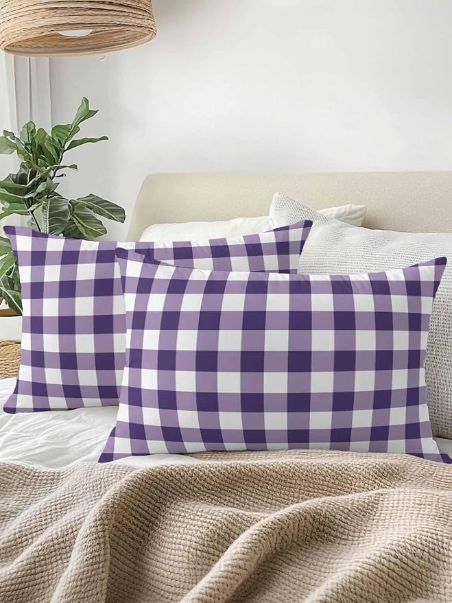 Waterproof Outdoor Pillow 1 Pack Purple Buffalo Plaid Decorative Throw Pillows Cover & Insert 20x12 Inch Lumbar Pillowcase Check Lines Pillows for Couch Sofa Bed Patio Furniture Indoor Outdoor