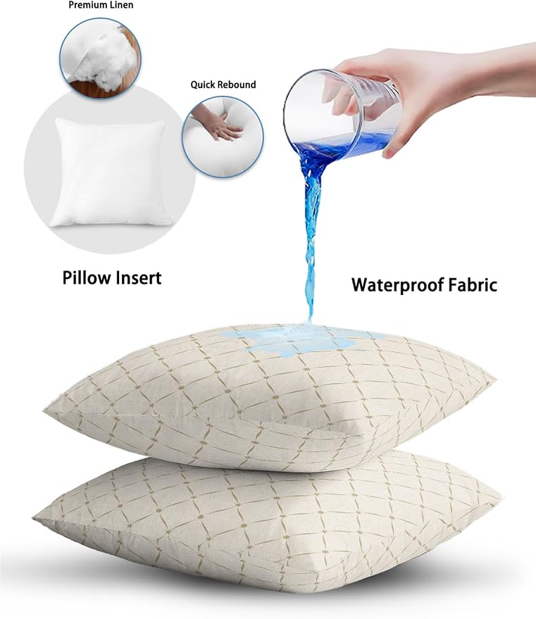 Waterproof Outdoor Pillow Set of 2 Beige Grid Plaid Decorative Throw Pillows Cover & Insert 18x18 Inch Pillowcase Diagonally Crossed Lines Pillows for Couch Sofa Bed Patio Furniture Indoor Outdoor