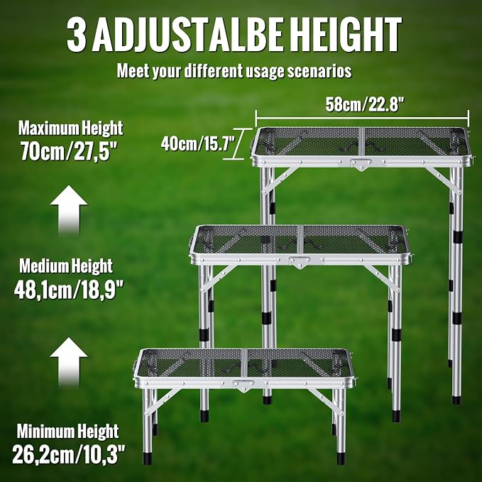 GARLLEN 2ft Folding Grill Table, 3 Adjustable Height Folding Camping Table with Heat-Resistant Mesh Tabletop, Portable Aluminum Picnic Tables for BBQ, Camping, Outdoor, 22.8" L x 15.7" W