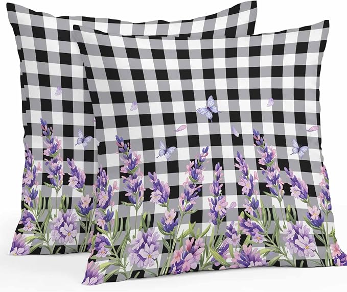 Vandarllin Outdoor Throw Pillows Covers 24x24 inch Set of 2 Waterproof Purple Lavender Flower Decorative Zippered Cushion Covers for Patio Furniture, Butterfly Black Buffalo Plaid Lumbar Pillowcases